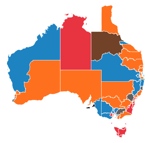 Map of Australia showing federal electorates, colored by projected 2028 winner