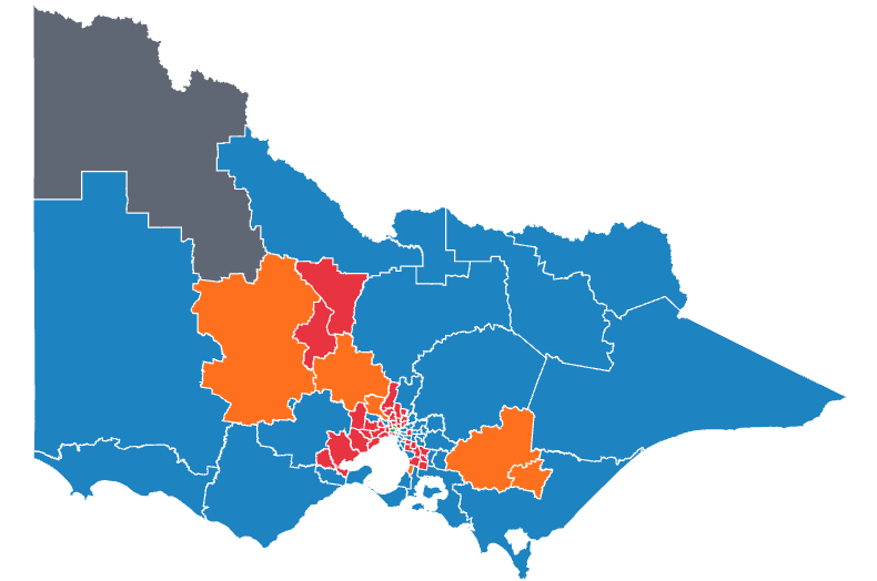 Victorian state election map with real electorate boundaries and seat totals by party